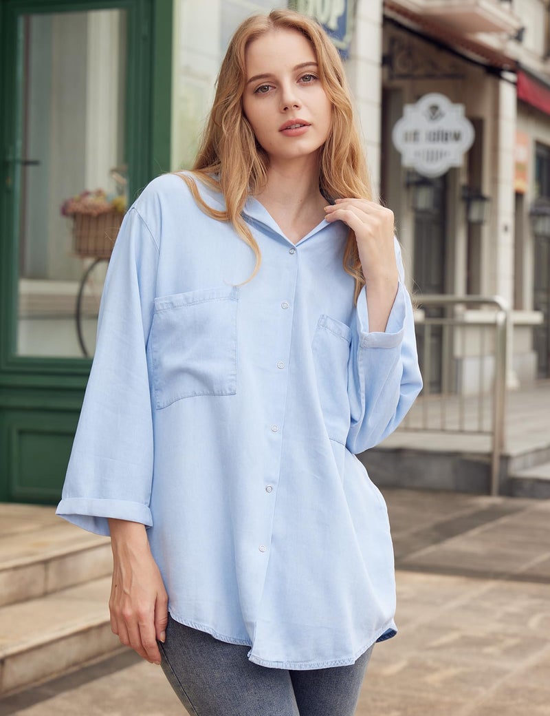 Yimoon Womens Denim Shirt Chambray Blue Button Down Jean Shirt Denim Tops Soft Tencel Casual 3/4 Sleeve Jackat(LightBlue-L) - Image 3